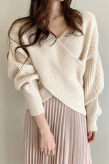 Wrap Front V Neck Relaxed Sweater