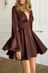 Solid V-neck Bow Snug Long-Sleeve Mini Dress