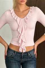 Ruffle Trim Tie Front Cropped T-Shirt