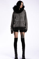 Fur Trim Striped Oversized Zip Hoodie