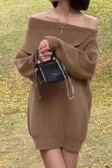 Relaxed Effortless Boat Neck Midi Knit Sweater Dress