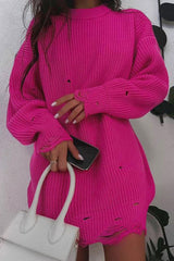 Distressed Hem Turtleneck Oversized Knit Sweater