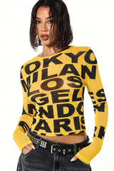 Oversized Letter Print Mesh Long Sleeve T-Shirt