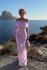 Off Shoulder Mesh Sleeve Maxi Dress