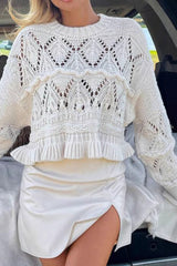 White Crochet Hollow Knit Sweater