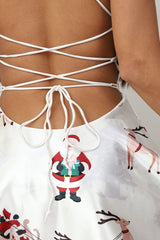 Sexy Christmas Print Drawstring Open Back Spaghetti Mini Dress