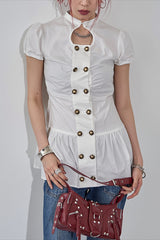 Polka Dot Button Puff Sleeve Mini Dress