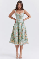 Spaghetti Strap Floral Ruched Midi Dress