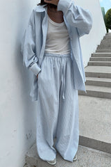 Striped Button Shirt Tie Waist Pants Set