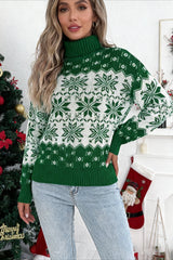 Turtleneck Color Block Christmas Snowflake Print Sweater
