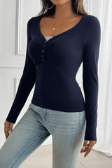Button Detail Lace Trim V-Neck Long Sleeve Tee
