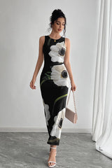 Black Mesh Printed Maxi Dress