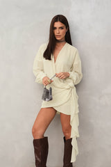 Beige V-Neck Wrap Mini Dress