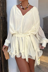 Balloon Sleeve Tie Waist Ruffle Mini Dress