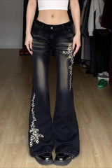 Floral Embroidered Low Rise Black Flare Jeans