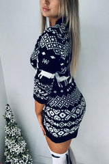 Knit Christmas Print Long Sleeve Bodycon Mini Dress