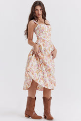 Spaghetti Strap Floral Ruched Midi Dress
