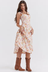 Spaghetti Strap Floral Ruched Midi Dress