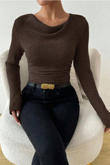 Ruched Cowl Neck Slim Knit Long Sleeve Tee