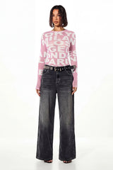 Oversized Letter Print Mesh Long Sleeve T-Shirt
