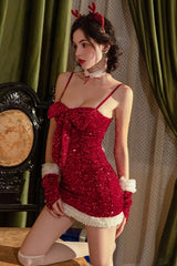 Christmas Fuzzy Sequined Spaghetti Strap Bow Bodycon Party Dress