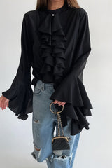 Elegant Ruffle Trim Button Blouse
