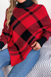 Christmas Plaid Contrast Turtleneck Cape Sweater