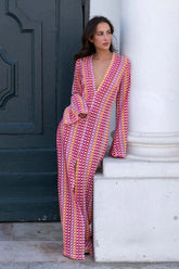 Crochet Colorful Stripe V-Neck Flare Sleeve Maxi Dress