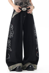 Camouflage Panel Letter Embroidered Wide Leg Jeans