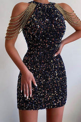 Chic Halter Crystal Chain Bodycon Mid Waist Sequin Dress