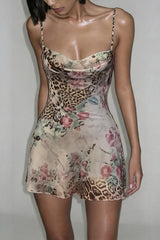 Floral Leopard Cowl Neck Slip Mini Dress