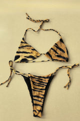 Sexy Leopard Print Backless Halter Tie Bikini Set