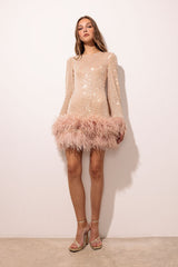 Sequin Feather Trim Open Back Mini Party Dress
