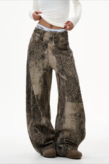Leopard Washed Barrel Leg Streetwear Jeans