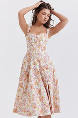 Spaghetti Strap Floral Ruched Midi Dress