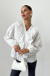 Polka Dot V Neck Ruffle Blouse