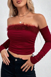 Sexy Off-Shoulder Fur Trim Paneled Long Sleeve Tee