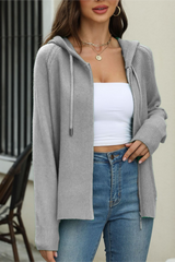 Solid Hooded Zip Drawstring Knit Cardigan Christmas Outerwear