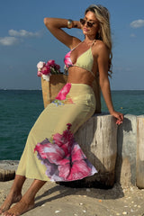 Floral Print Mesh Long Skirt Three Piece Swim Set
