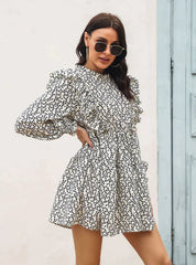 Wood Ear Collar Long Sleeve Printed Dress With Ruffled Detail S / White Dresses