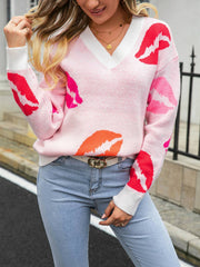 Lips of Love V-Neck Knit Pullover Sweater