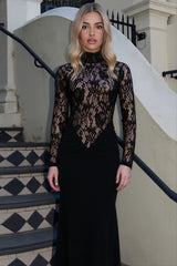 High Neck Sheer Lace Panel Maxi Dress