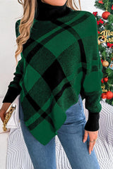 Christmas Plaid Contrast Turtleneck Cape Sweater