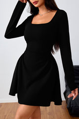 Ruched Solid Square Neck High Waist Elegant Mini Dress