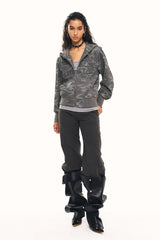 Camo Star Button Cropped Zip Hoodie