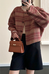 Plaid Crew Neck Single Breasted Drop Shoulder Wool Christmas Outerwear