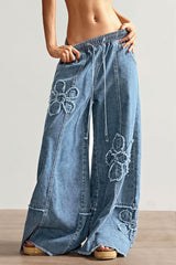 Floral Embroidered Drawstring Jeans