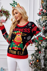 Christmas Moose 3D Pom Pom Sequin Crew Neck Sweater