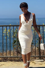 V-Neck Lace Trim Bodycon Midi Dress