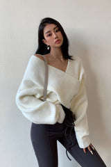 Solid V-Neck Crisscross Cold Shoulder Asymmetric Sweater